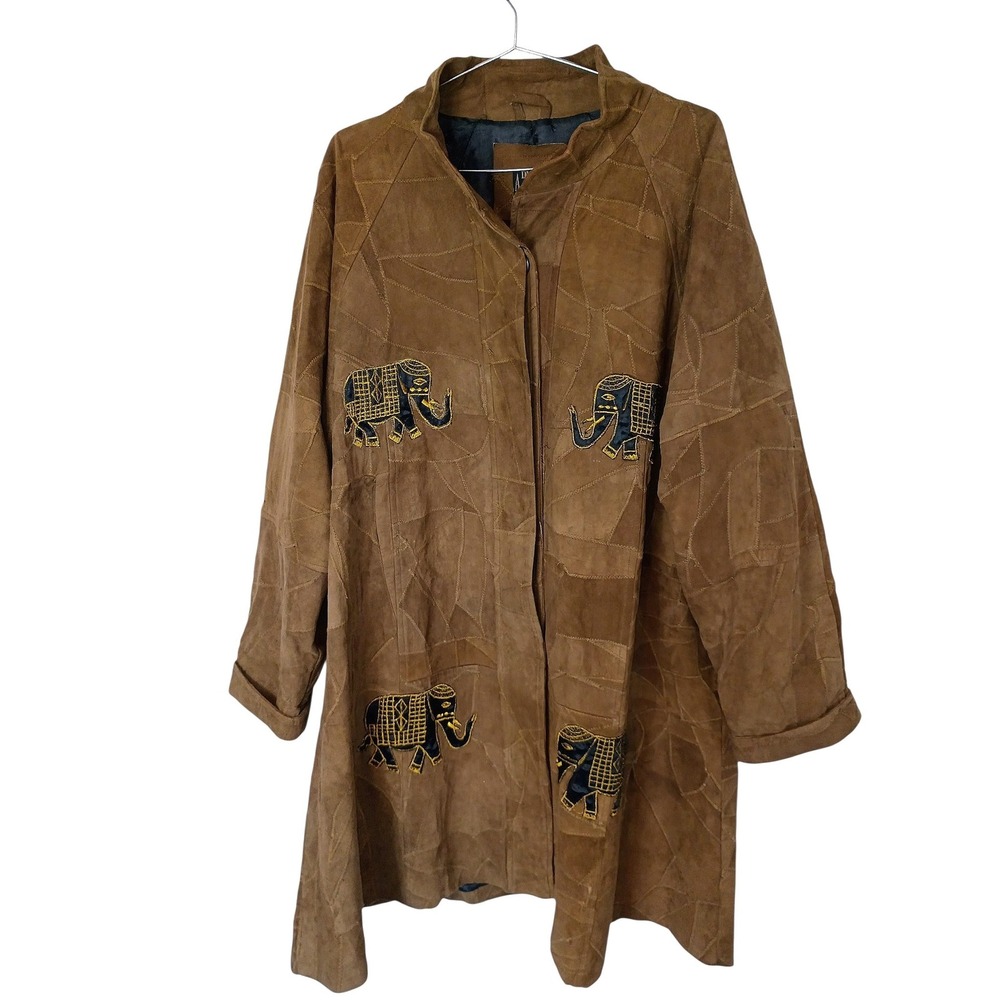 Vintage Dvance Apparels Brown Patchwork Suede Elephant Embroidered Coat Jacket L